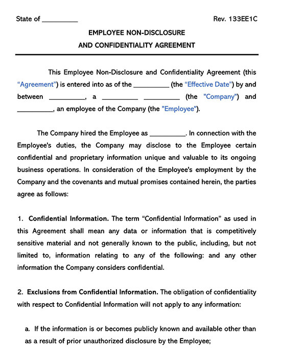 Free Printable Employee Non-Disclosure and Confidentiality Form as Word Document