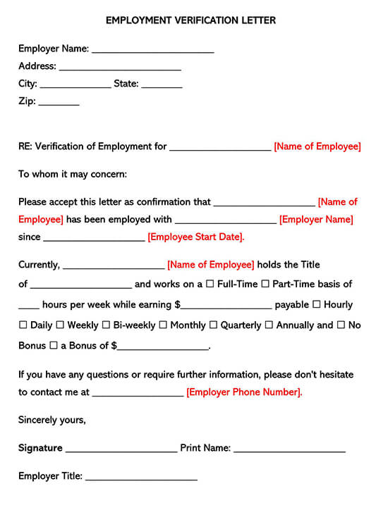 Free employment verification letter template 01