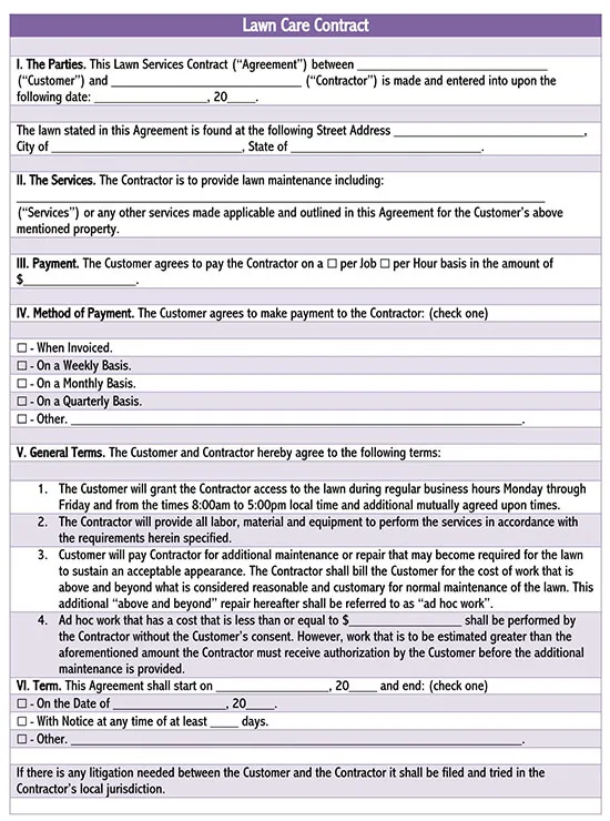 Free Lawn Care Contract Templates, Commercial Landscape Maintenance Contract Template