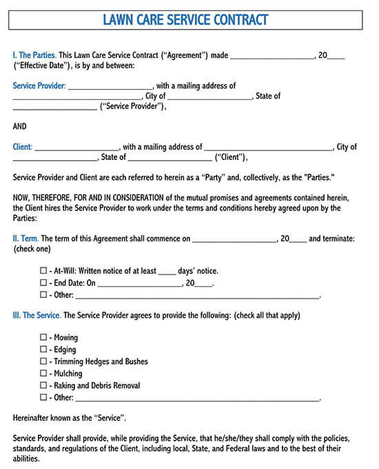 Great Printable Lawn Care Contract Template 03 as Word File