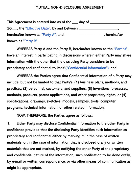 Free Printable Mutual Non-Disclosure Agreement Template 01 in Word Format