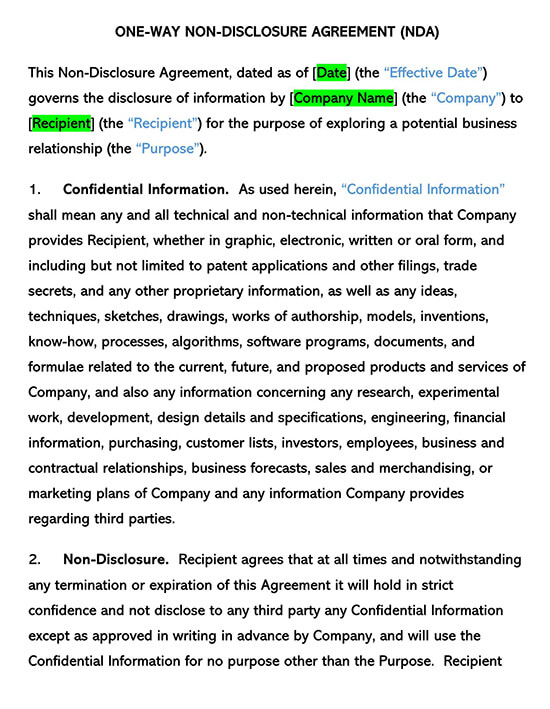 Editable Unilateral (1-way) Non-Disclosure Agreement Template - Sample