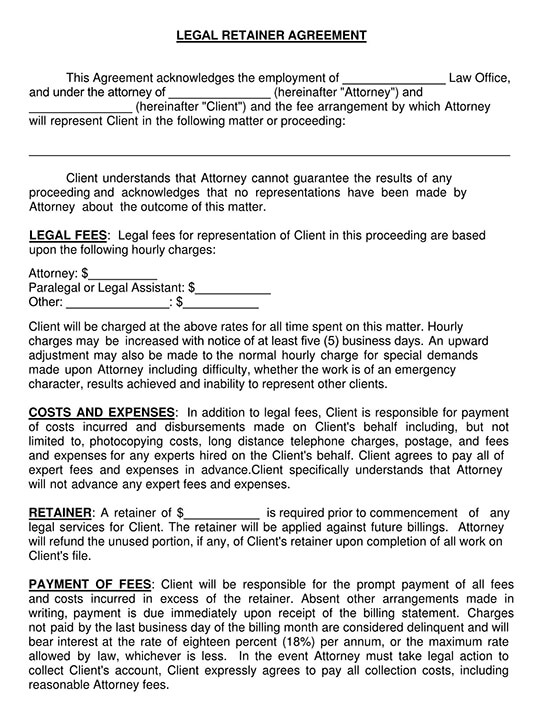 Free Printable Legal Retainer Agreement Contract Template 01 as Pdf File