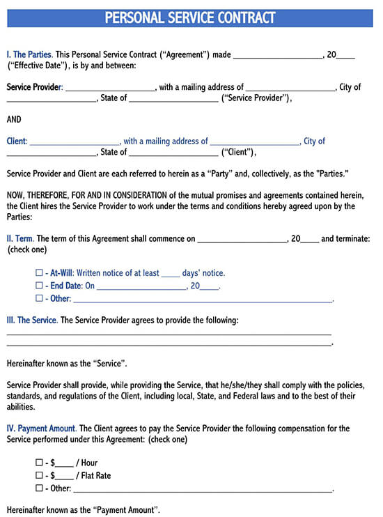 Free Printable Personal Service Contract Template 01 as Word File