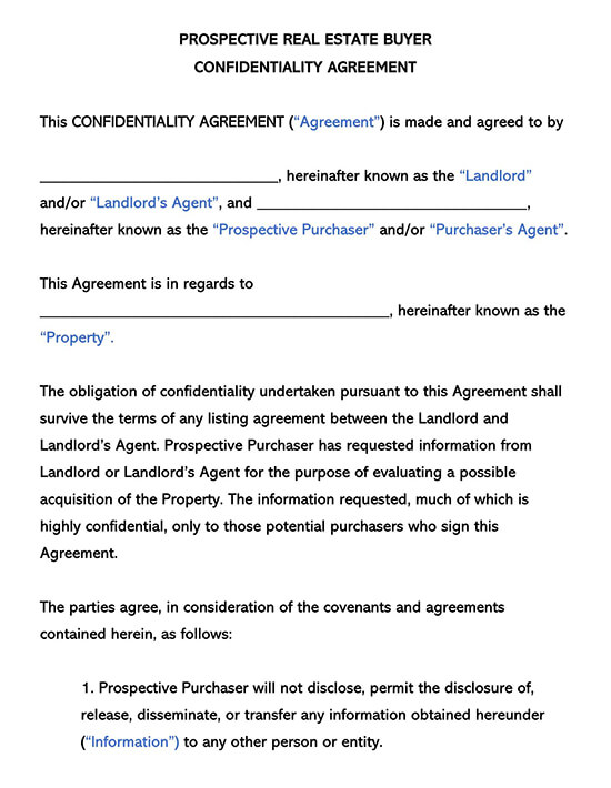 Free Editable Prospective Real Estate Buyer Confidentiality Agreement