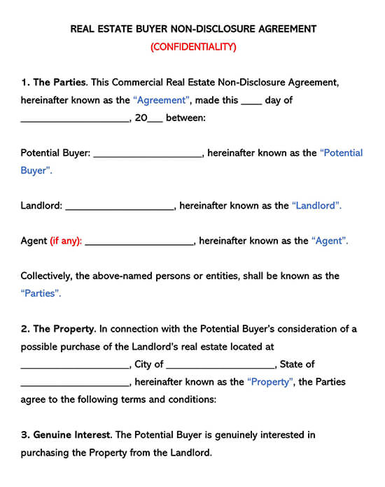 Real Estate Buyer Non Disclosure Agreement NDA Template