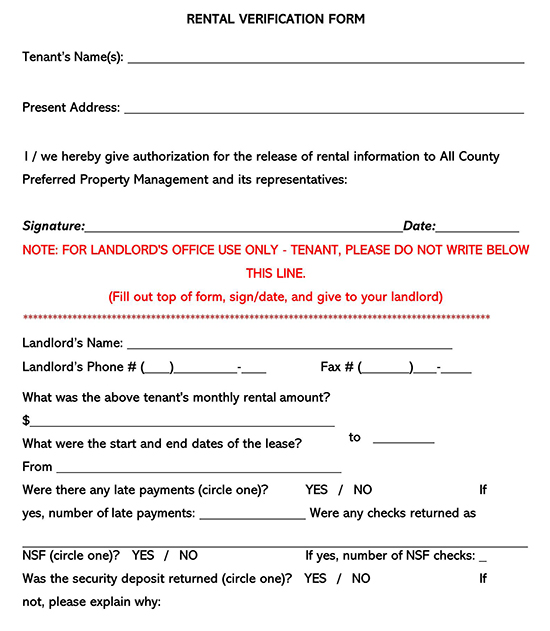 Printable Rent Verification Form Template