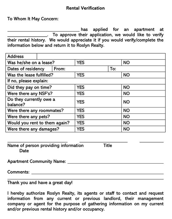 Printable Rent Verification Form Template for Landlords