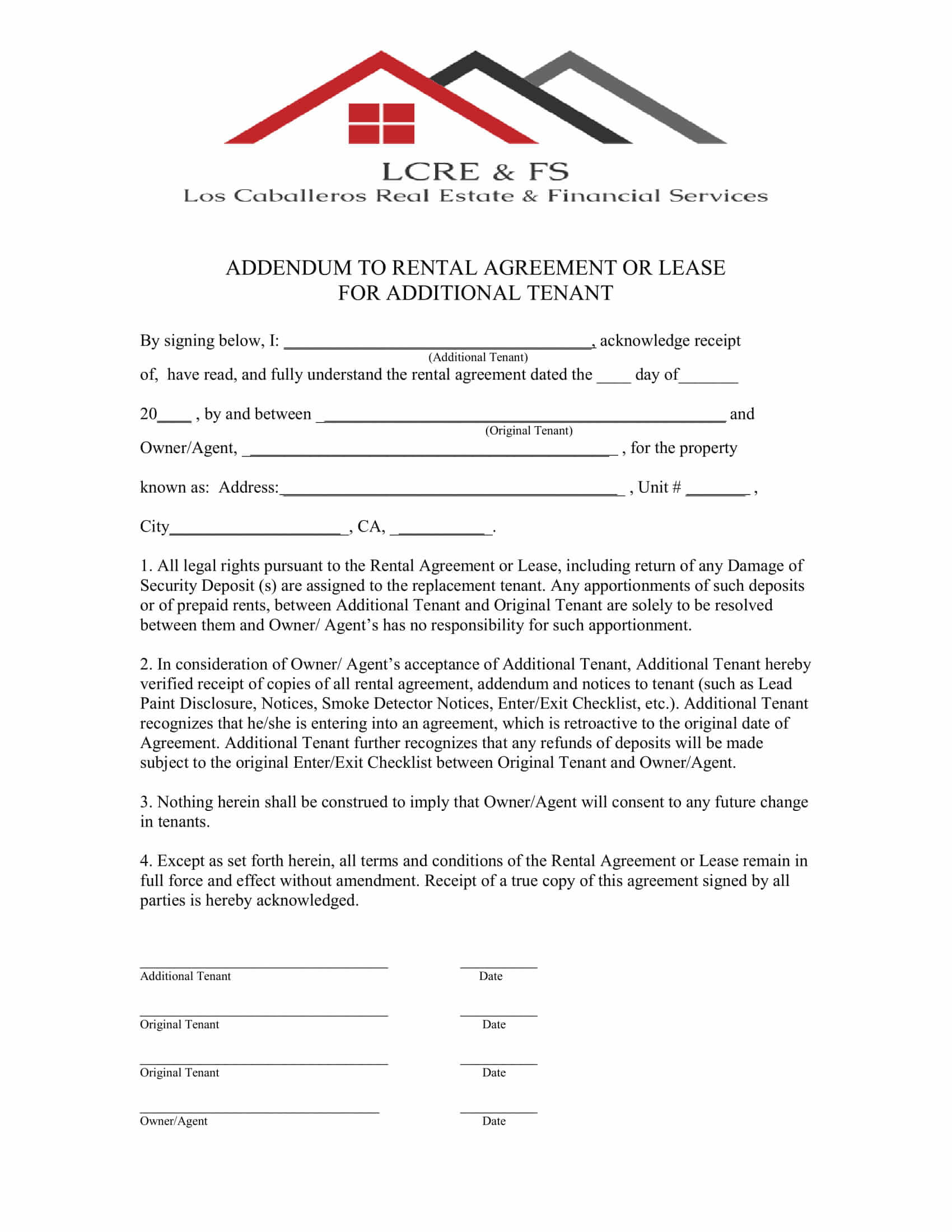 Free Printable Addendum to Add Tenant Form for Pdf Format