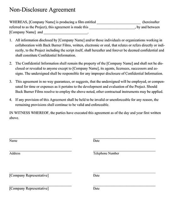 Free Downloadable Film Non-Disclosure Agreement Template 02 in Pdf Format