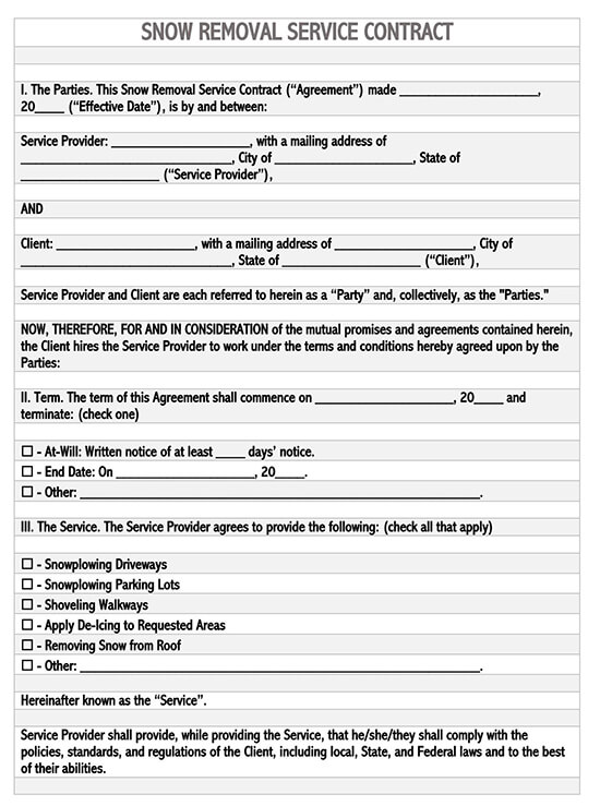 commercial snow plowing contract template