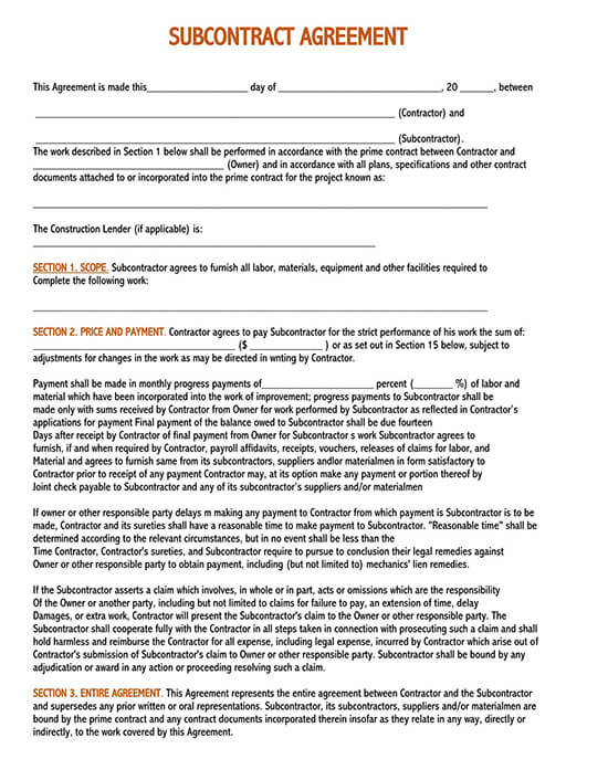 simple subcontractor agreement template word