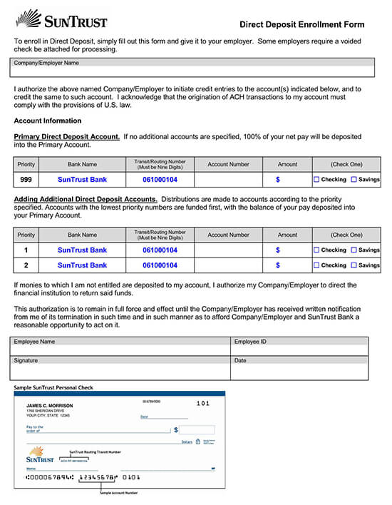 SunTrust Direct Deposit Authorization Form