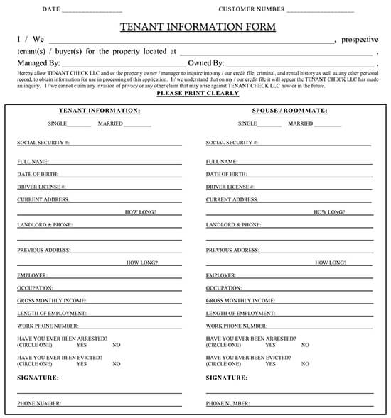residential tenant information sheet