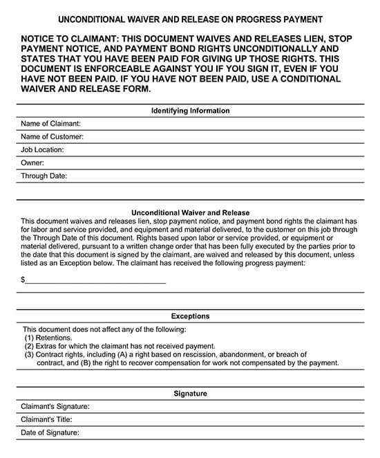 Free Contractor Lien Release Forms [Unconditional] - PDF