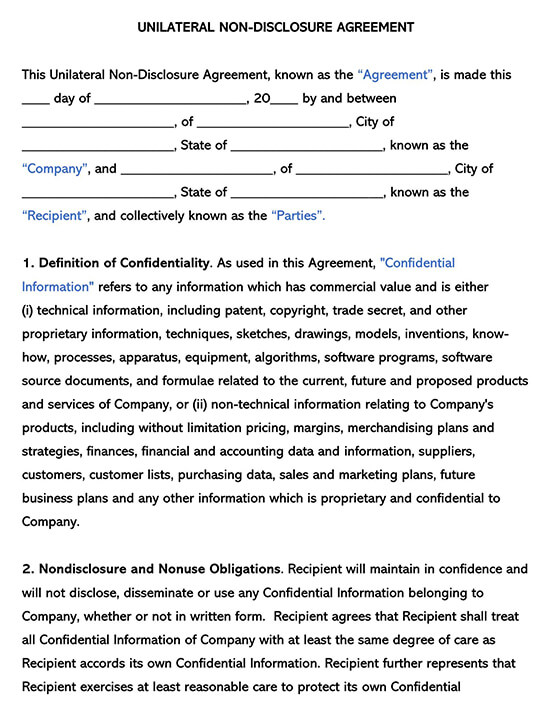 Unilateral (1-way) Non-Disclosure Agreement Template - Free Example