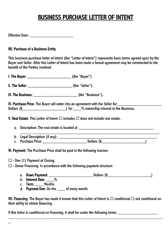 Printable Letter of Intent to Purchase Business Template