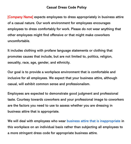 Printable Casual Dress Code Policy Sample