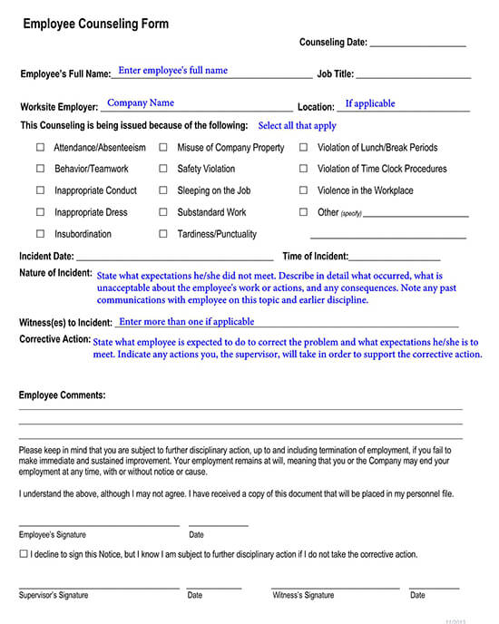 Counseling Form for Employee in PDF