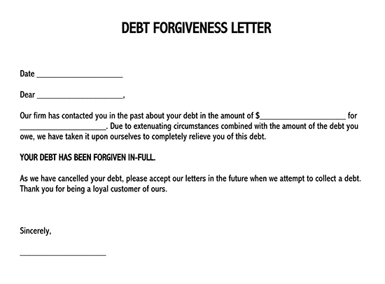 Debt forgiveness letter template with editable fields