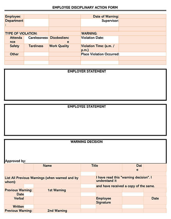 Printable Employee Disciplinary Action Form Sample