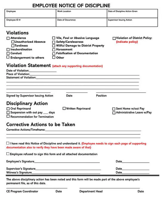 free employee disciplinary action forms word pdf