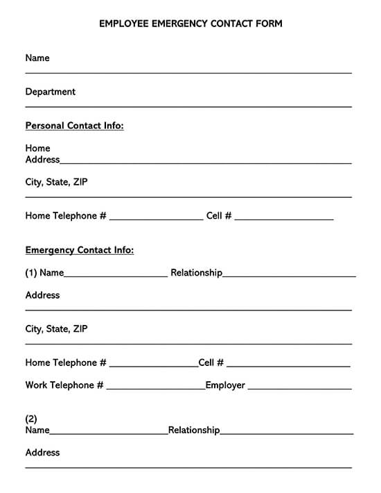 Printable Employee Emergency Contact Form 11 for Word