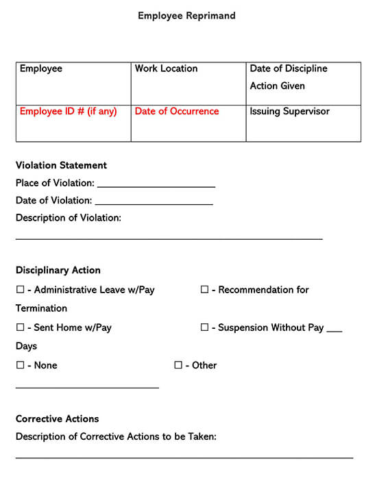 Employee Reprimand Form