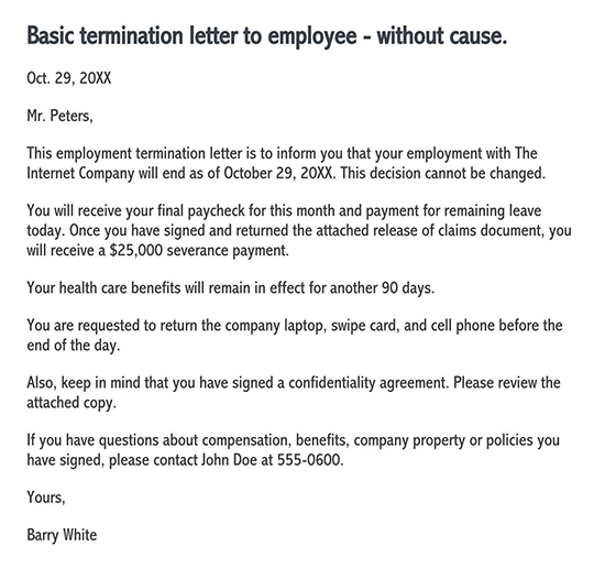 Sample Letter Of Termination Of Employment Without Cause from www.wordtemplatesonline.net