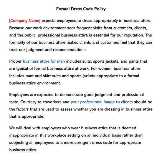 Editable Formal Dress Code Policy Example