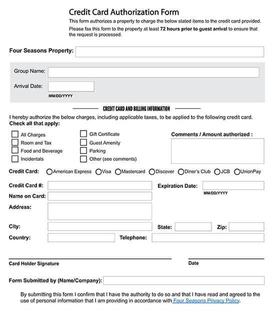 Fillable Four Seasons Credit Card Authorization Form Template