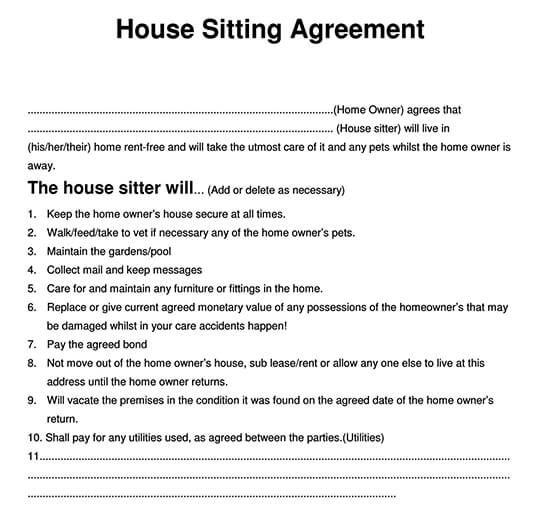 Free Printable House Sitting Agreement Sample 04 as Pdf File