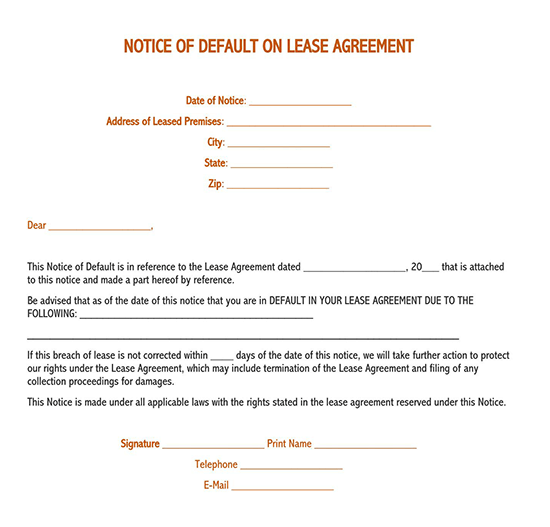 Great Printable Lease Agreement Default Notice Agreement Template as Word Document