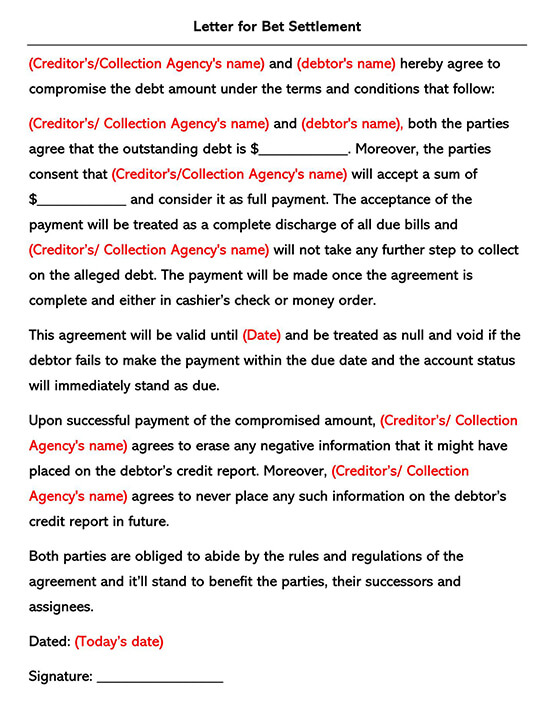 Letter for Debt Settlement Agreement