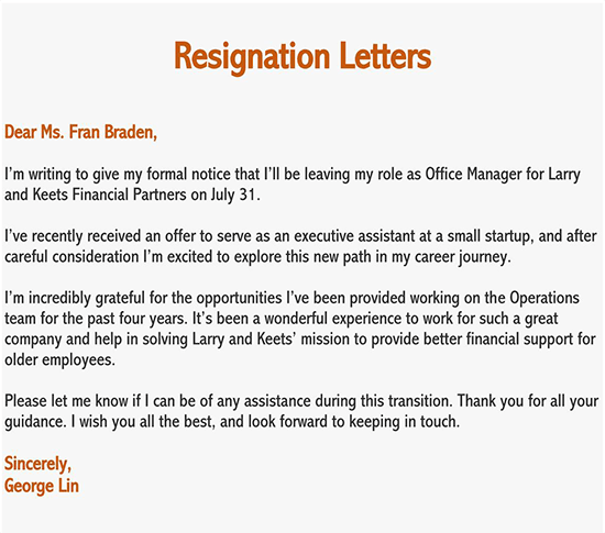resignation letter template word