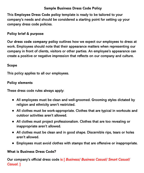 Free Business Dress Code Policy Format