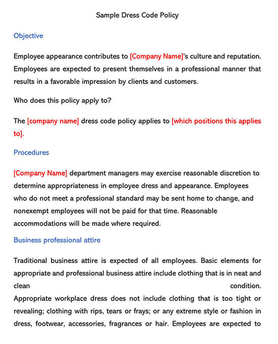 Editable Sample Dress Code Policy Example
