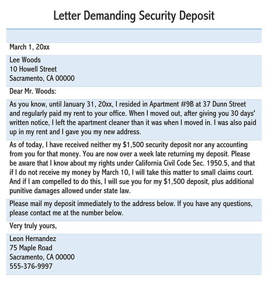 Free Downloadable Security Deposit Demand Letter Template 01 for Word Document