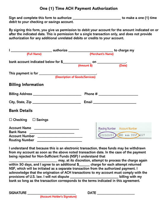 1-Time ACH Authorization Form Template