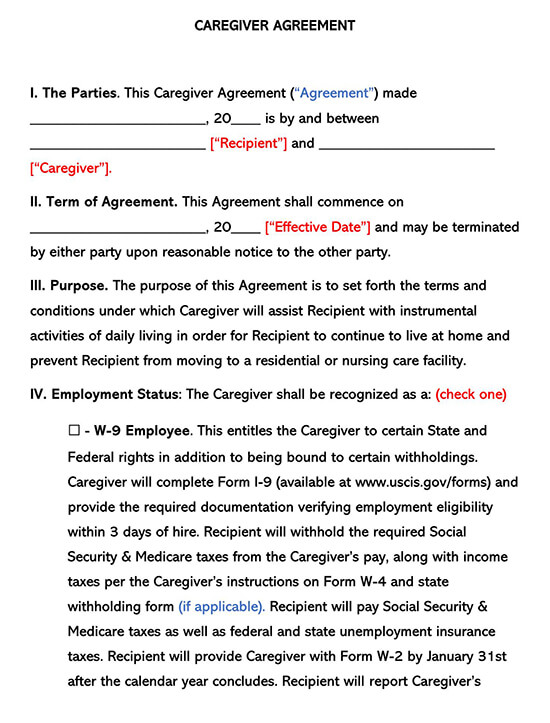Caregiver Contract Agreement Free Templates Examples Word Pdf