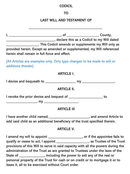 Free Editable Codicil of Will and Testament Form 01 for Word Document