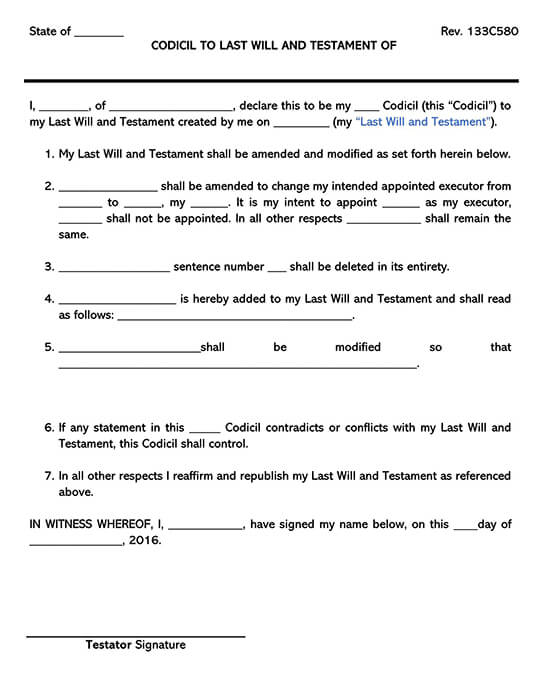 Free Editable Codicil of Will and Testament Form 02 for Word Document