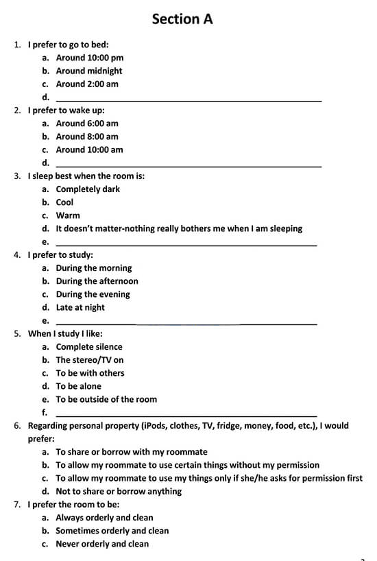College Roommate Agreement Form