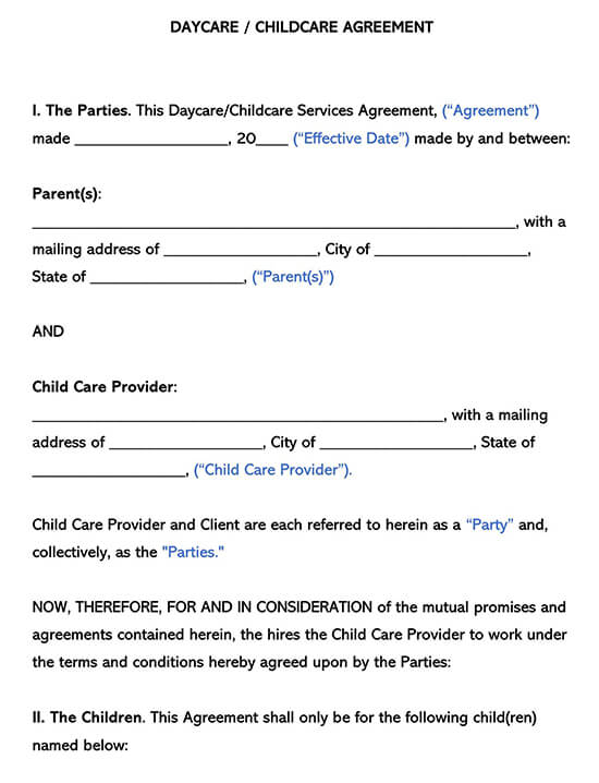 Daycare Childcare Agreement