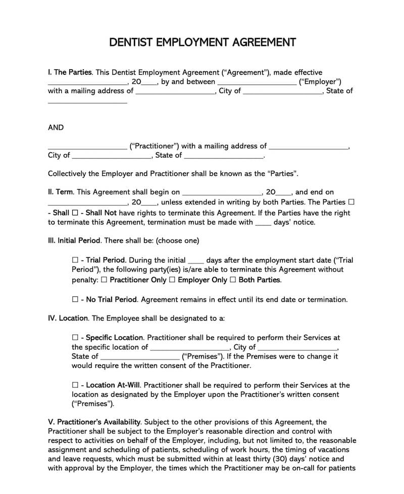free dentist employment agreement templates word pdf