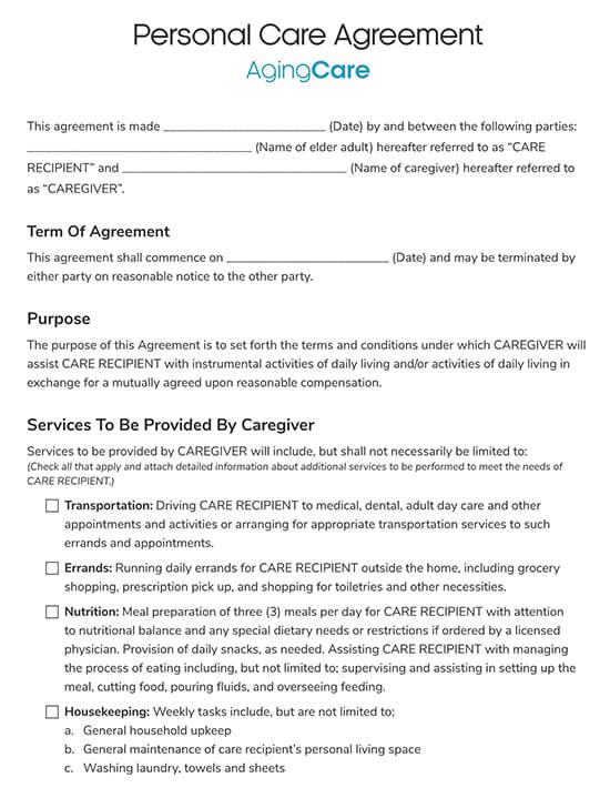 Free Editable Personal Caregiver Agreement for Aging Care Sample 01 as Pdf File