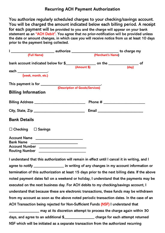 Recurring ACH Authorization Form Template