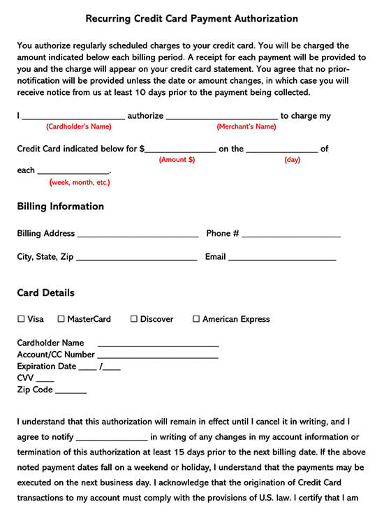 Recurring Credit Card Authorization Form Template