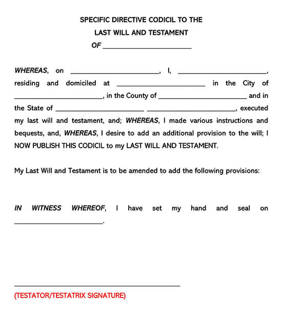 Specific Directive Codicil of Will and Testament