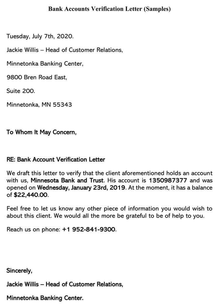 Free Bank Accounts Verification Letter Sample